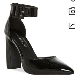 Madden Girl Glossy Black Ankle Strap Heels